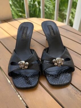 Vintage Black Snakeskin Slip-On Mules with Decorative Medallions